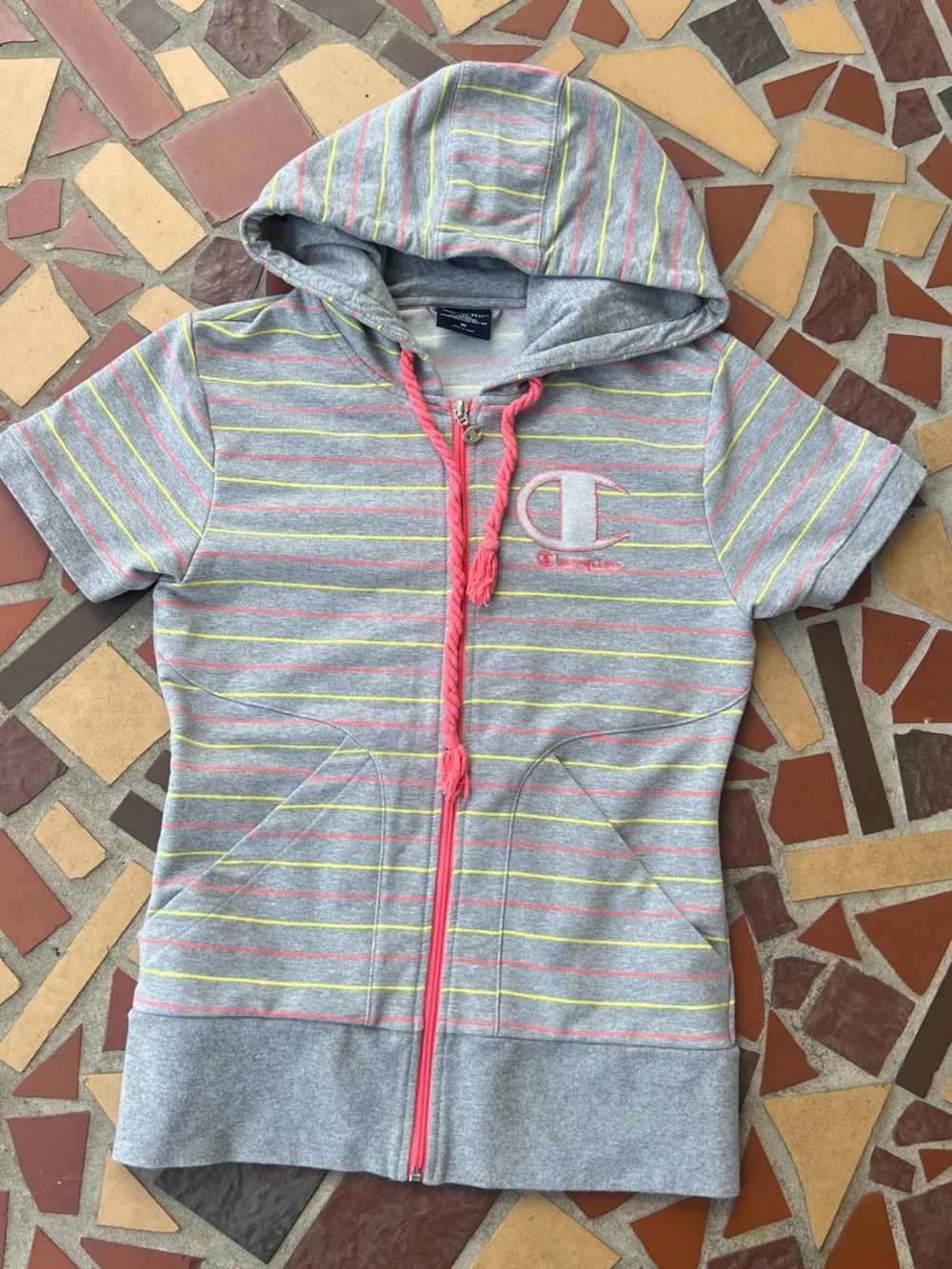 Champion Gray Hooded Short-Sleeve Sweatshirt with Pink & Yellow Stripes